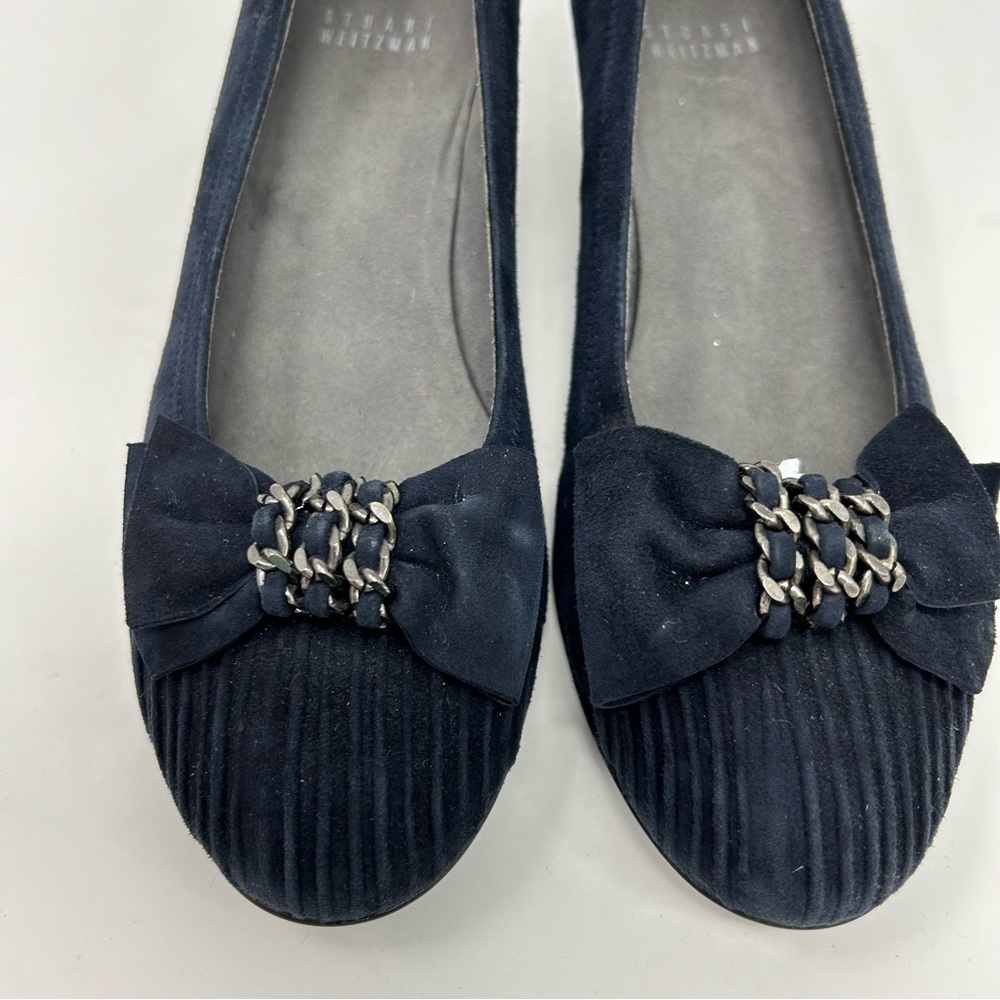 Stuart Weitzman Navy Blue Leather Wedges Size 8 ** with Ribbon Chain Toe Detail - Picture 8 of 14